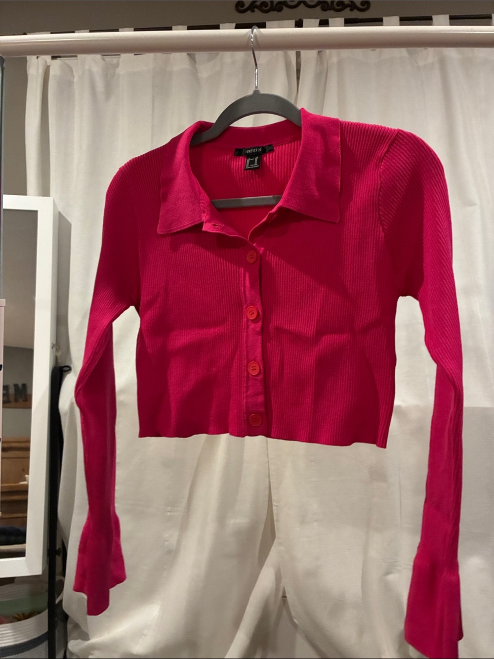 Forever 21 Hot Pink Ribbed Collared Button-Up Crop Cardigan